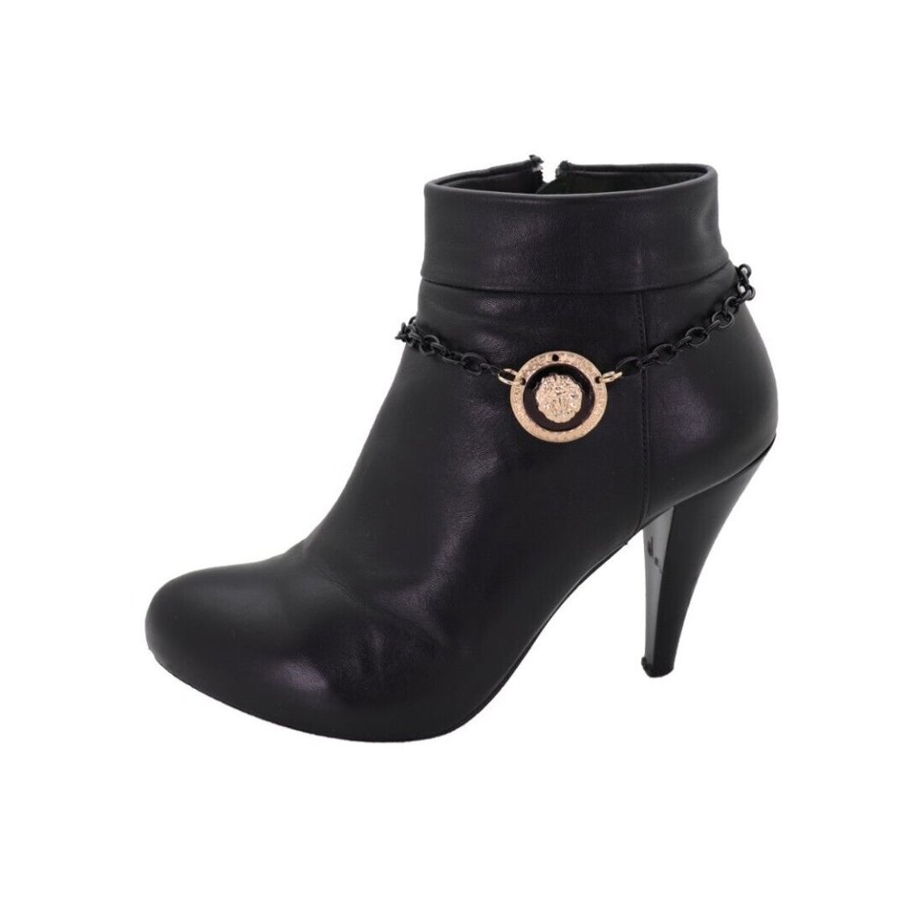 Women Black Metal Boot Chain Bracelet Gold Lion Coin Medallion Shoe Charm Anklet